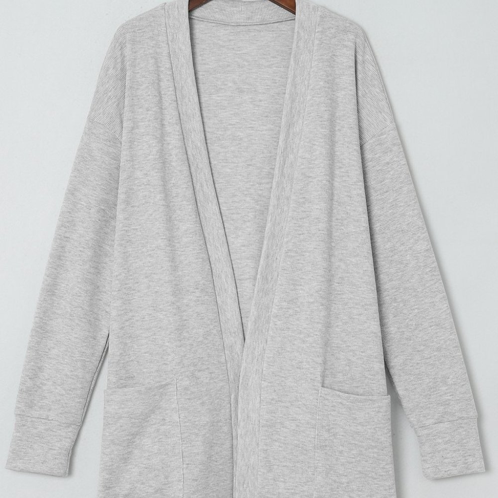 Light Gray Thermal Waffle Knit Open Front Pocketed Long Cardigan Fall Winter - Picture 4 of 10